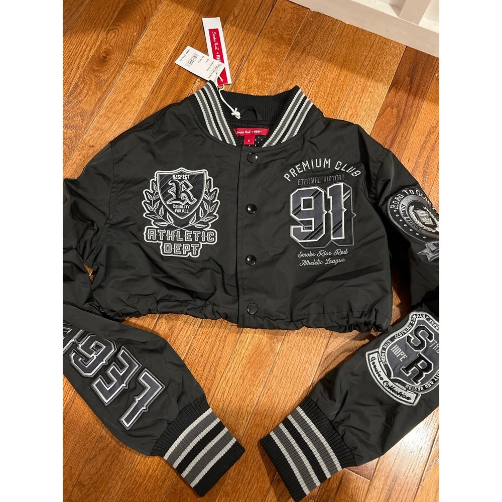 Smoke Rise Women's SMALL Cropped Premium Club Polyester Patch Jacket Black NWTs